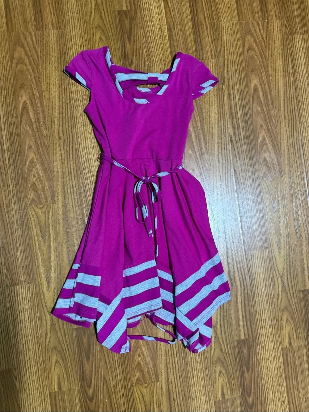 Lilt Asymmetrical Skirt Fit & Flare Pink Stripe Knot Bow Back MIDI Dress 7/8